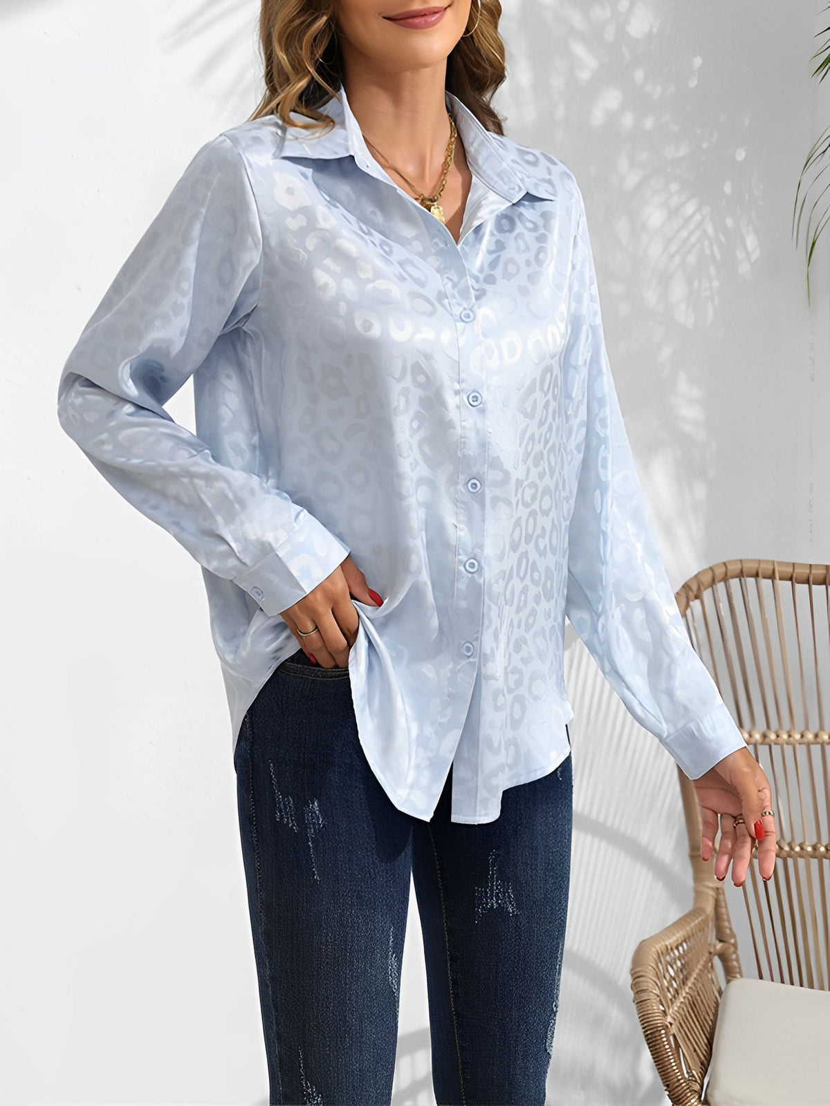 Satin Collared Button Down Long Sleeves Blouse