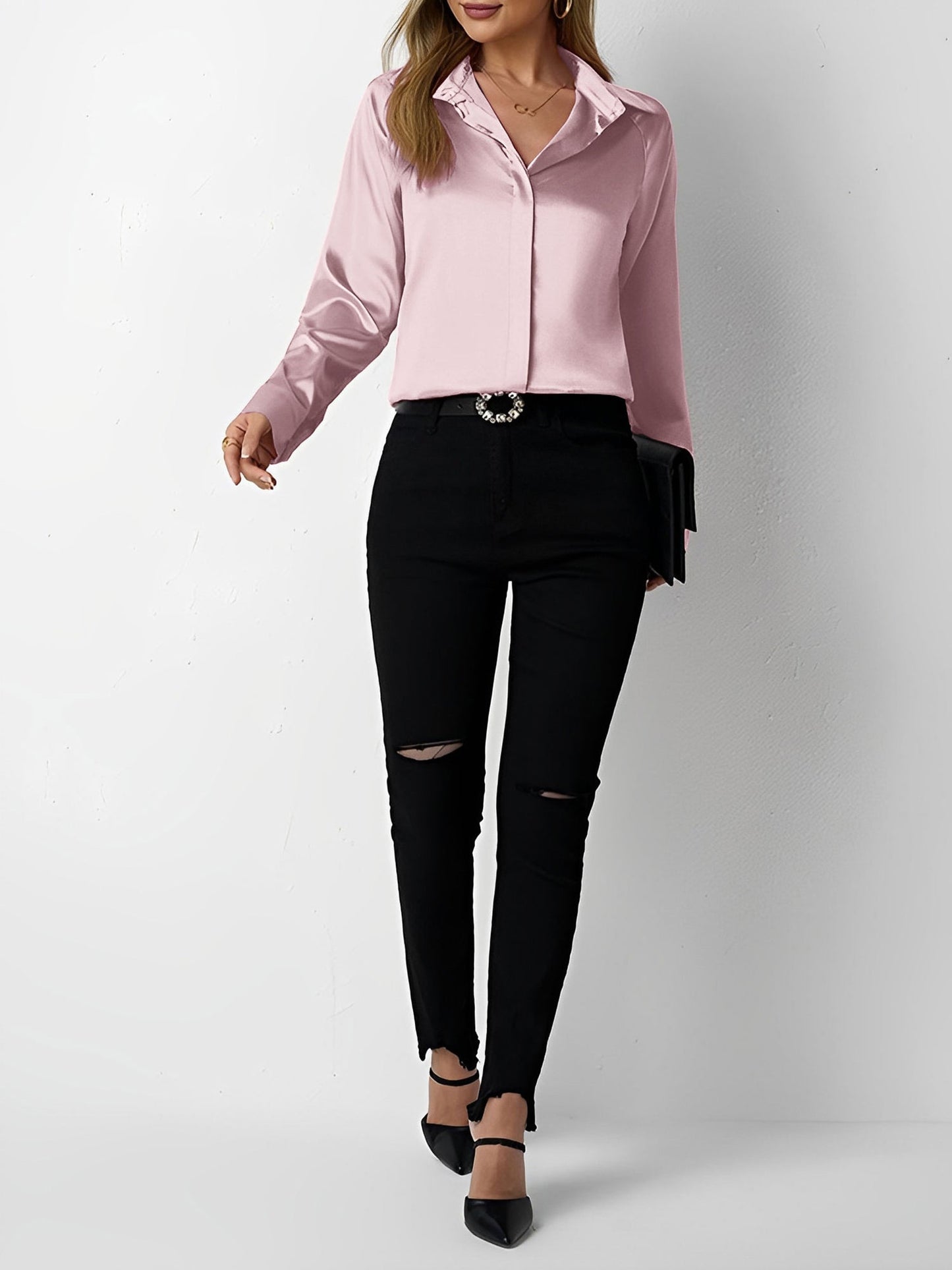Satin Collared Solid Color Long Sleeves Work Blouse