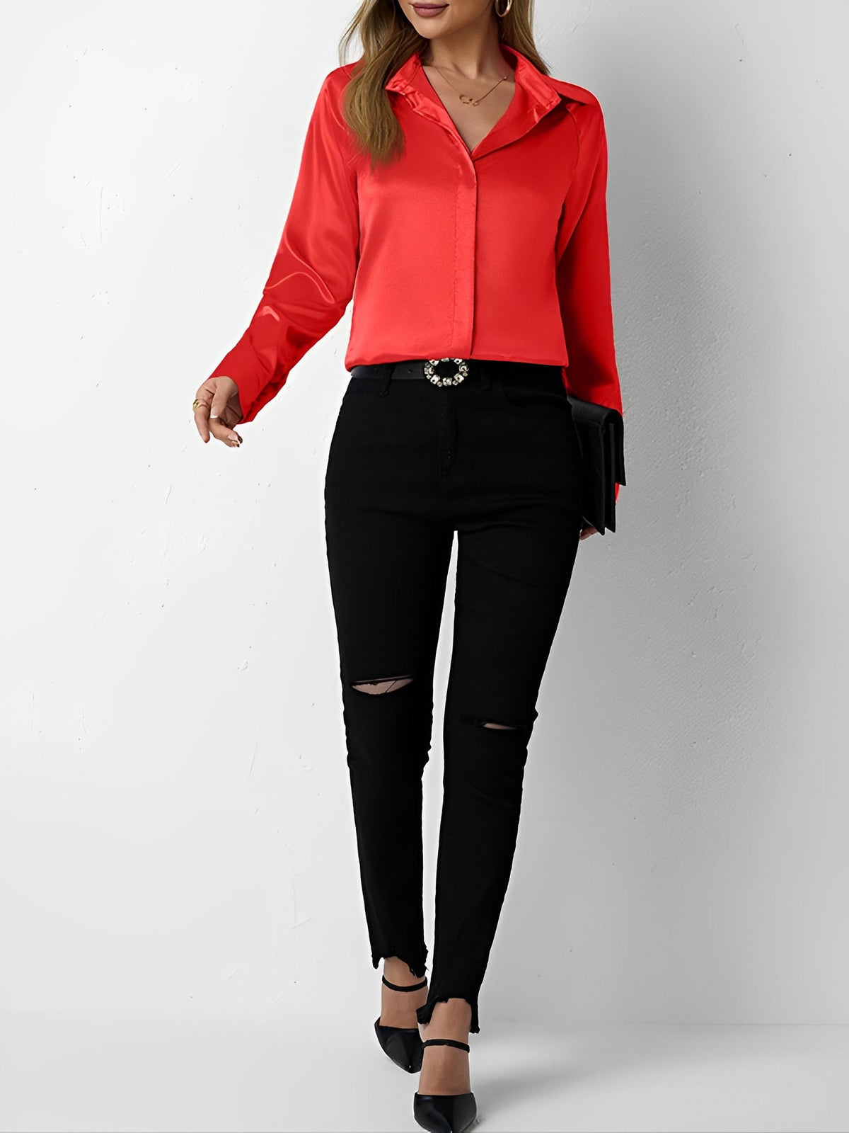 Satin Collared Solid Color Long Sleeves Work Blouse