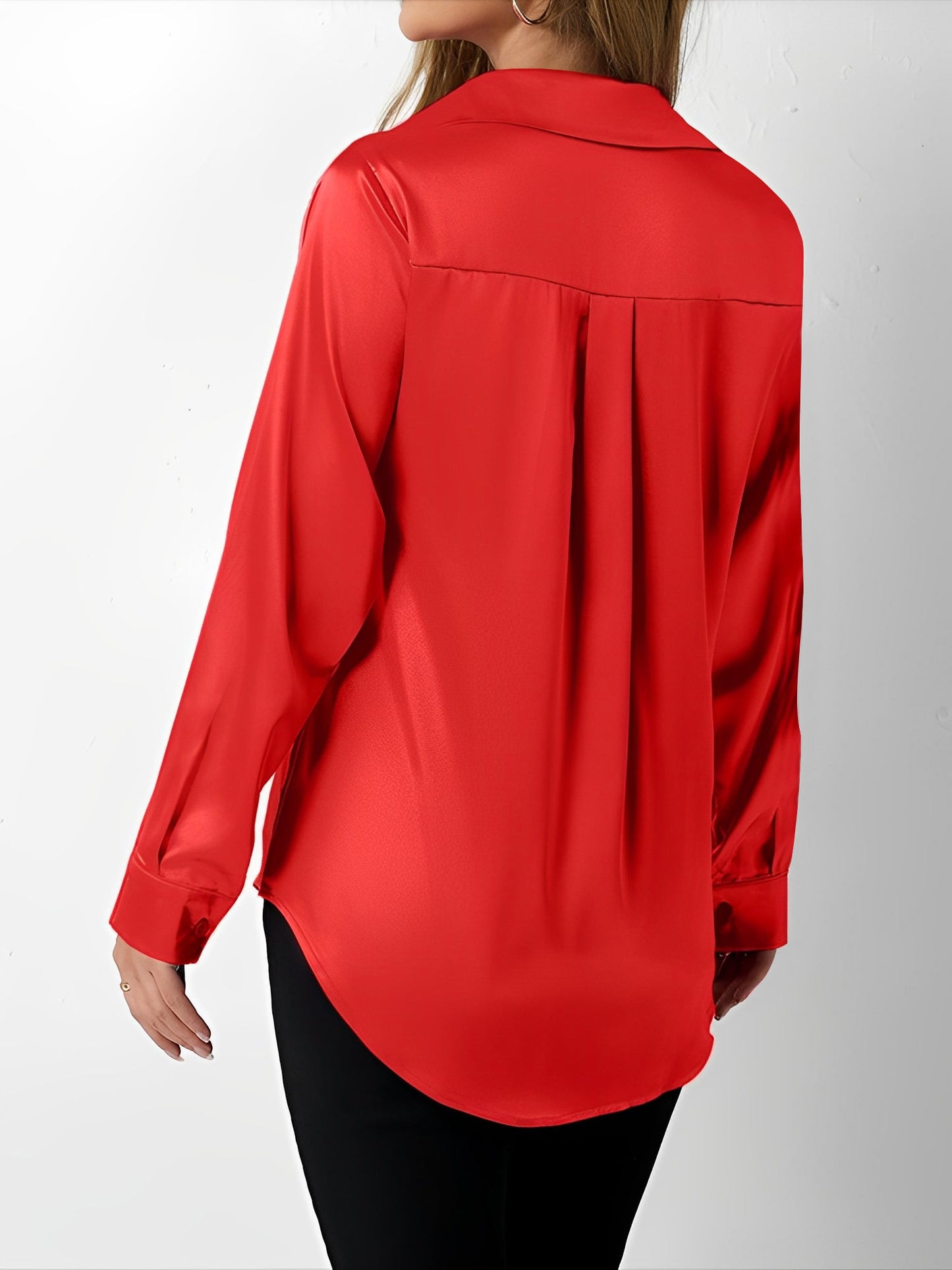 Satin Collared Solid Color Long Sleeves Work Blouse