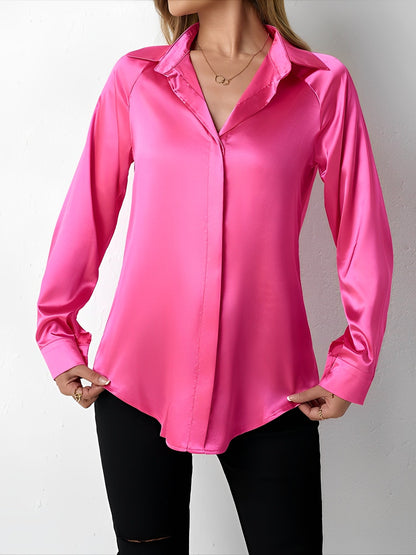 Satin Collared Solid Color Long Sleeves Work Blouse