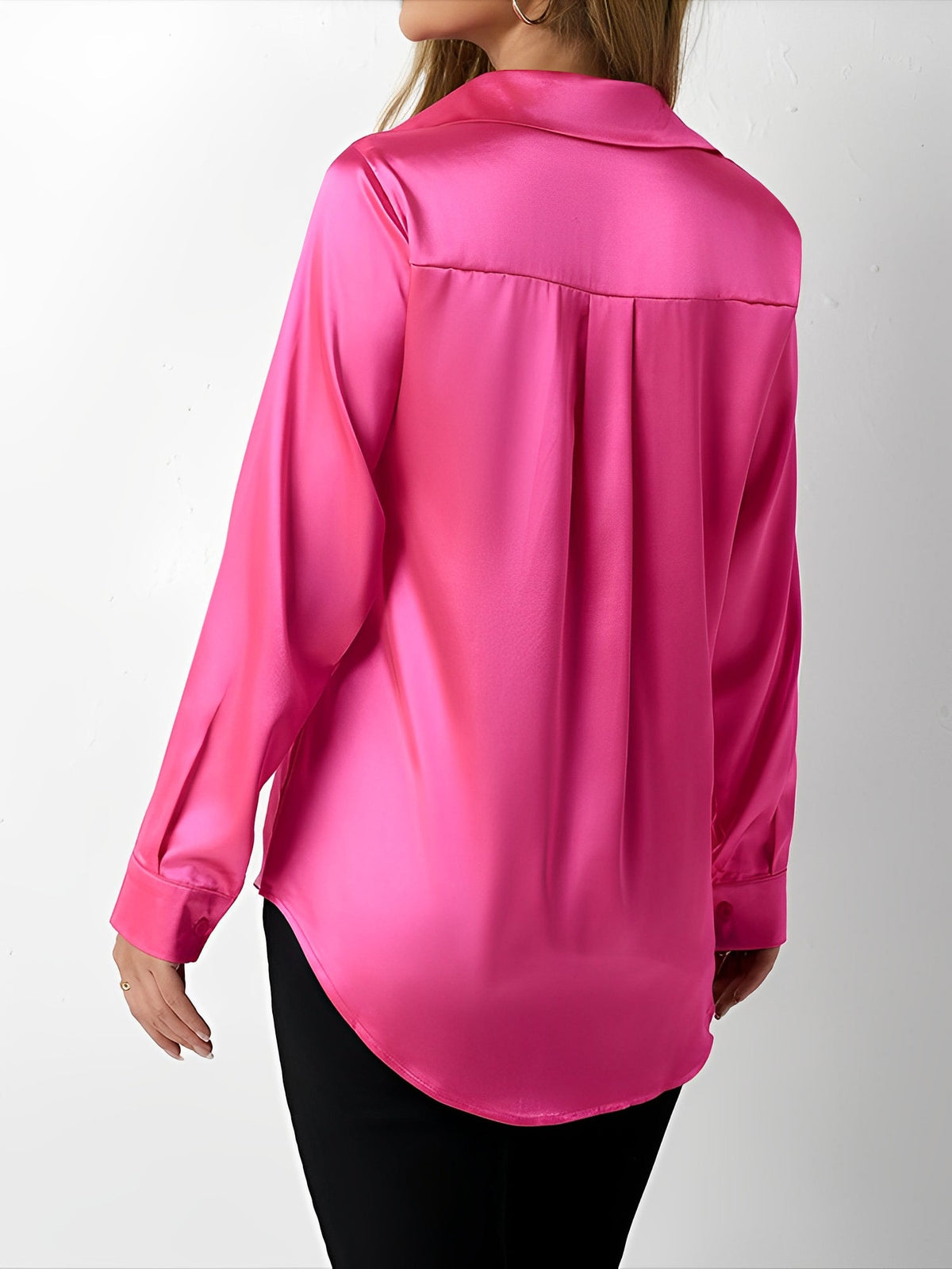 Satin Collared Solid Color Long Sleeves Work Blouse
