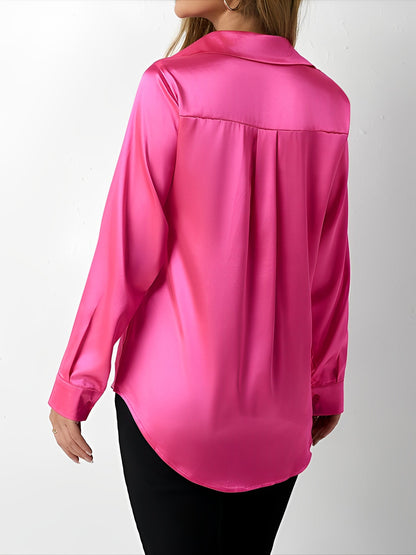 Satin Collared Solid Color Long Sleeves Work Blouse
