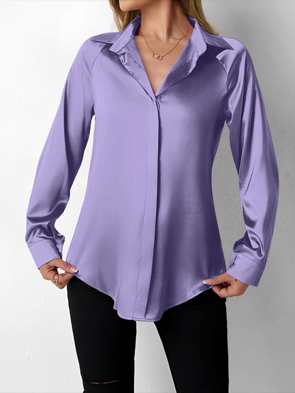 Satin Collared Solid Color Long Sleeves Work Blouse
