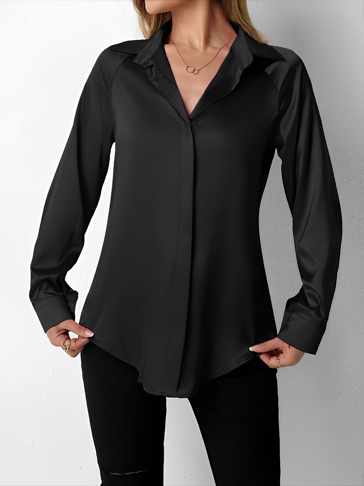 Satin Collared Solid Color Long Sleeves Work Blouse