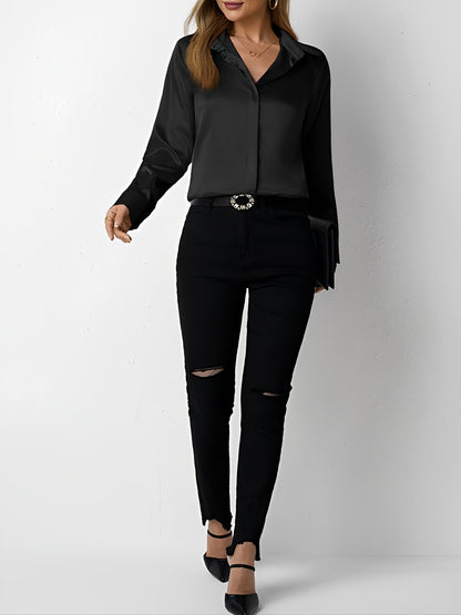 Satin Collared Solid Color Long Sleeves Work Blouse