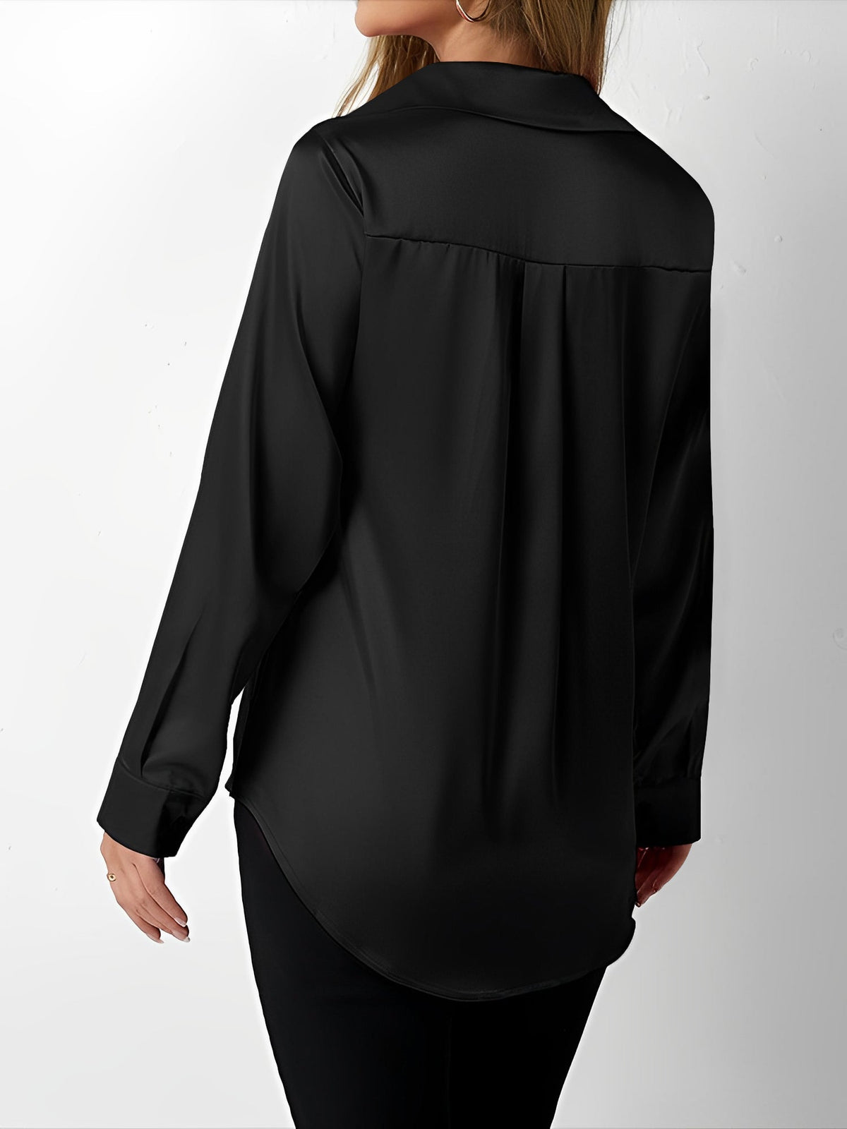 Satin Collared Solid Color Long Sleeves Work Blouse
