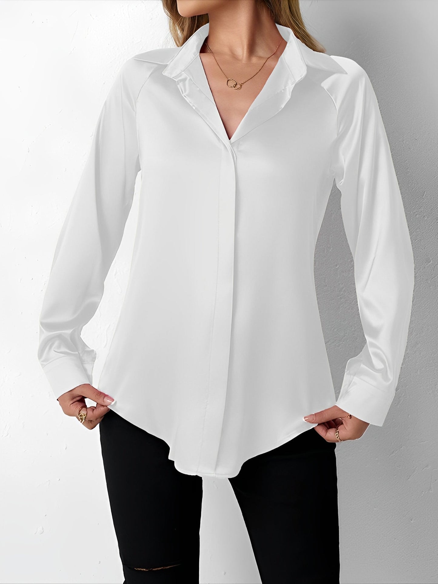 Satin Collared Solid Color Long Sleeves Work Blouse