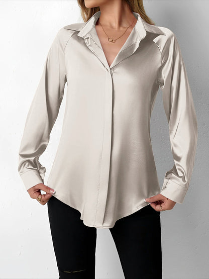 Satin Collared Solid Color Long Sleeves Work Blouse