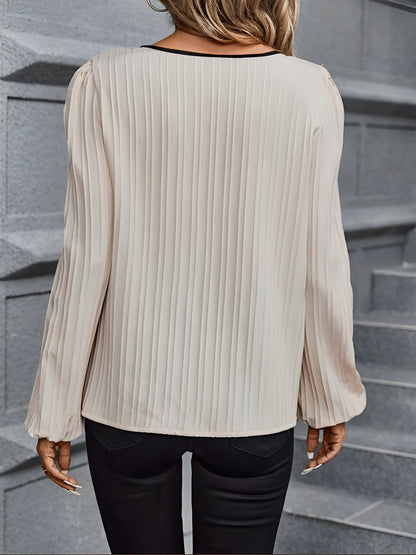 Colorblock V Neck Long Sleeves Textured Blouse