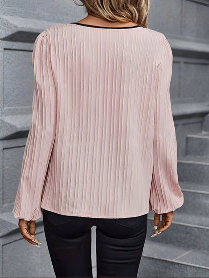 Colorblock V Neck Long Sleeves Textured Blouse