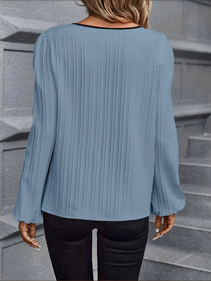 Colorblock V Neck Long Sleeves Textured Blouse