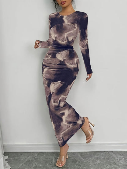 Round Neck Long Sleeves Printed Ruched Bodycon Dress