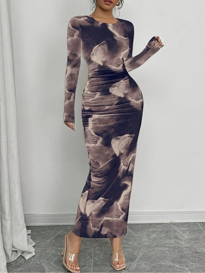 Round Neck Long Sleeves Printed Ruched Bodycon Dress