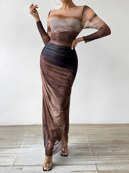 Mesh Contrast Color Ruched Bodycon Maxi Dress