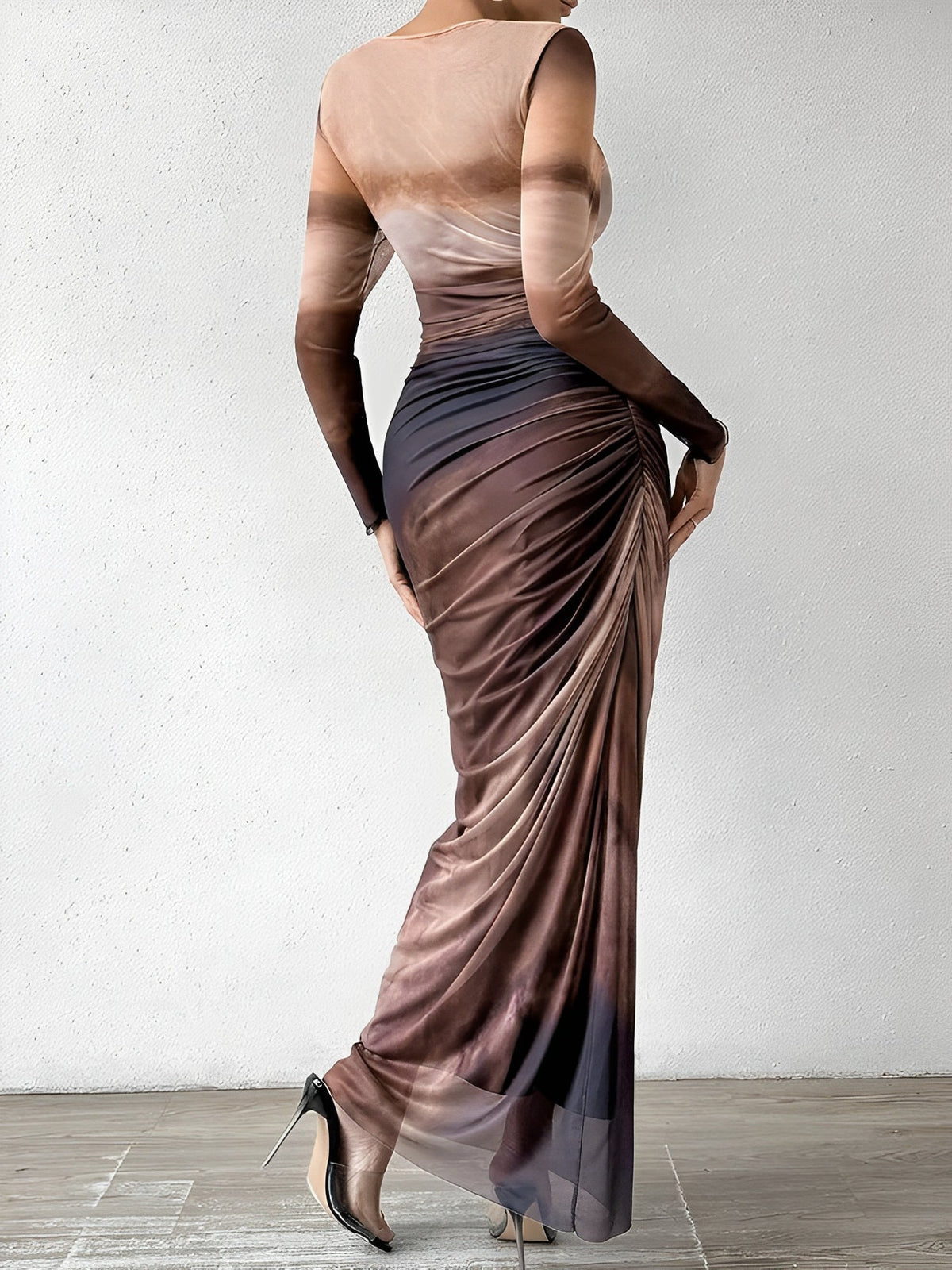 Mesh Contrast Color Ruched Bodycon Maxi Dress