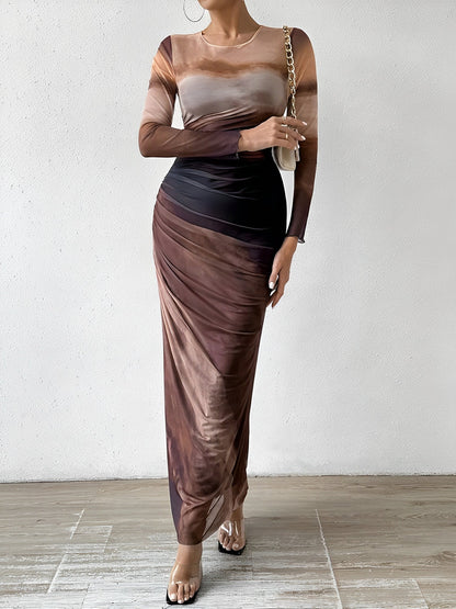 Mesh Contrast Color Ruched Bodycon Maxi Dress