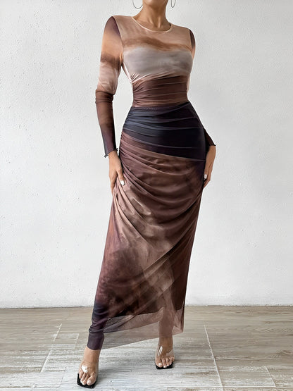 Mesh Contrast Color Ruched Bodycon Maxi Dress
