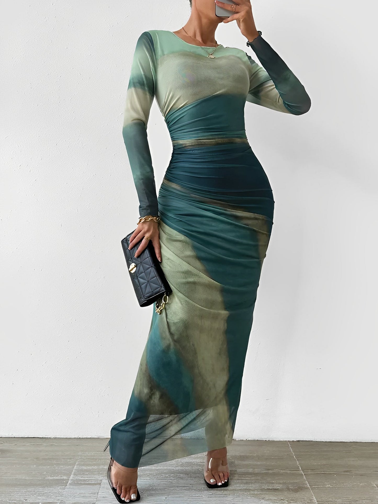 Mesh Contrast Color Ruched Bodycon Maxi Dress