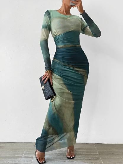 Mesh Contrast Color Ruched Bodycon Maxi Dress