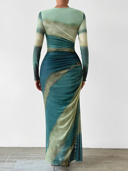 Mesh Contrast Color Ruched Bodycon Maxi Dress