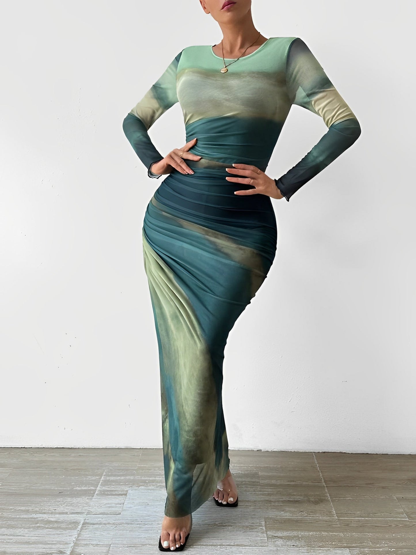 Mesh Contrast Color Ruched Bodycon Maxi Dress