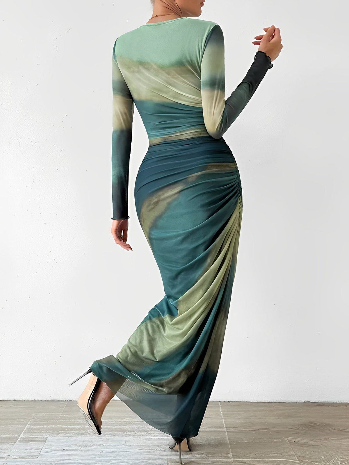Mesh Contrast Color Ruched Bodycon Maxi Dress