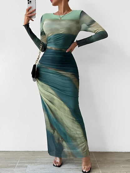 Mesh Contrast Color Ruched Bodycon Maxi Dress