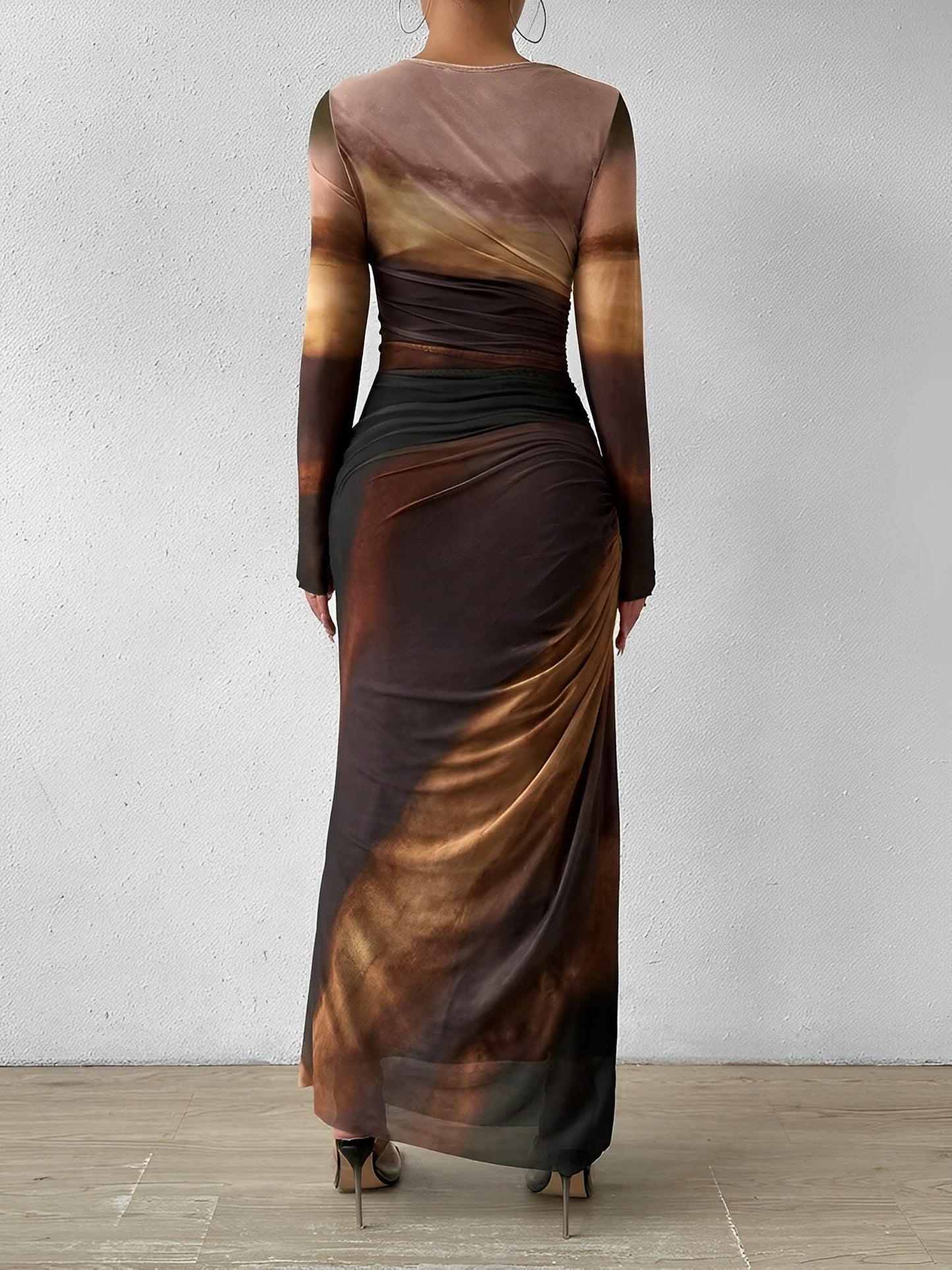 Mesh Contrast Color Ruched Bodycon Maxi Dress
