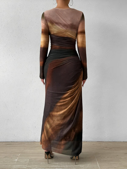 Mesh Contrast Color Ruched Bodycon Maxi Dress
