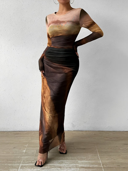 Mesh Contrast Color Ruched Bodycon Maxi Dress