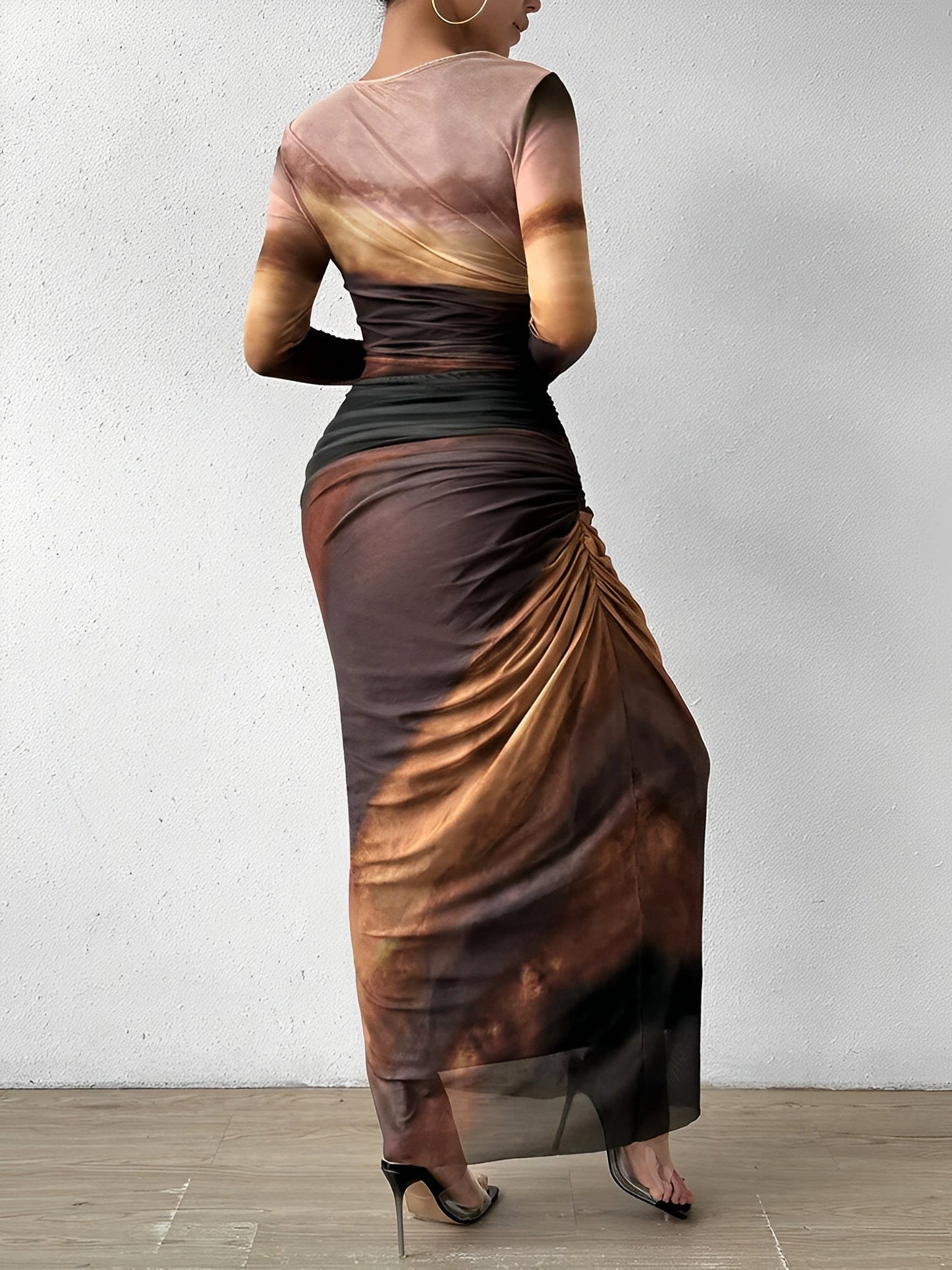 Mesh Contrast Color Ruched Bodycon Maxi Dress