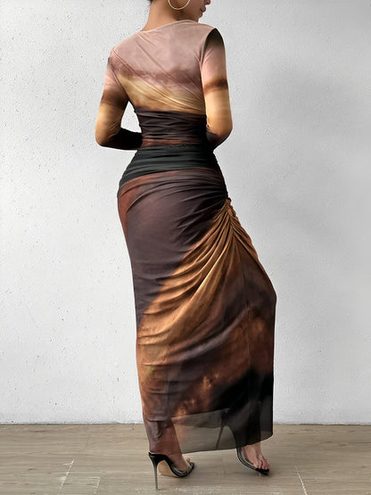 Mesh Contrast Color Ruched Bodycon Maxi Dress