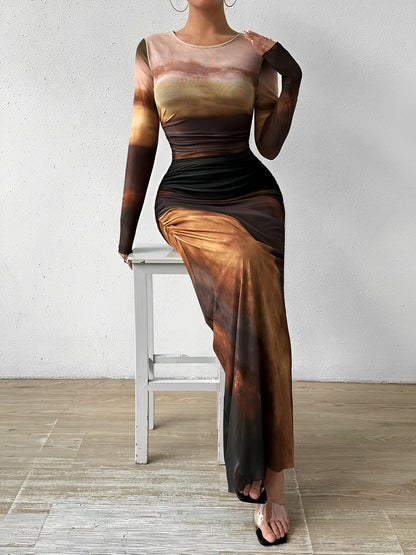 Mesh Contrast Color Ruched Bodycon Maxi Dress