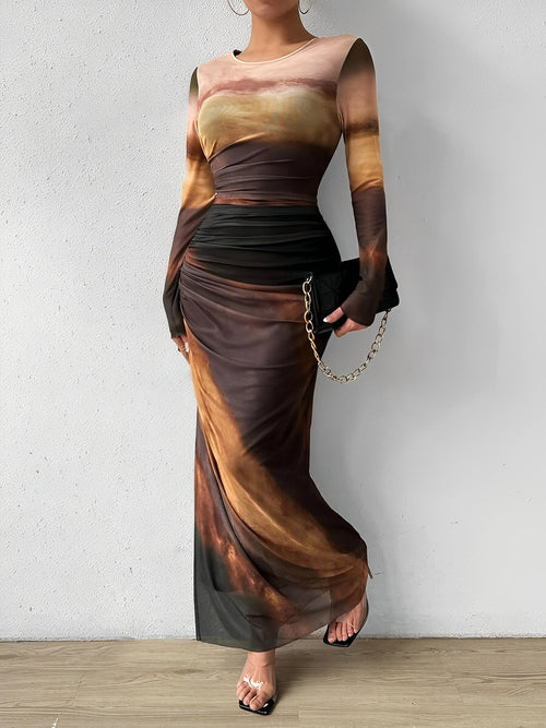 Mesh Contrast Color Ruched Bodycon Maxi Dress