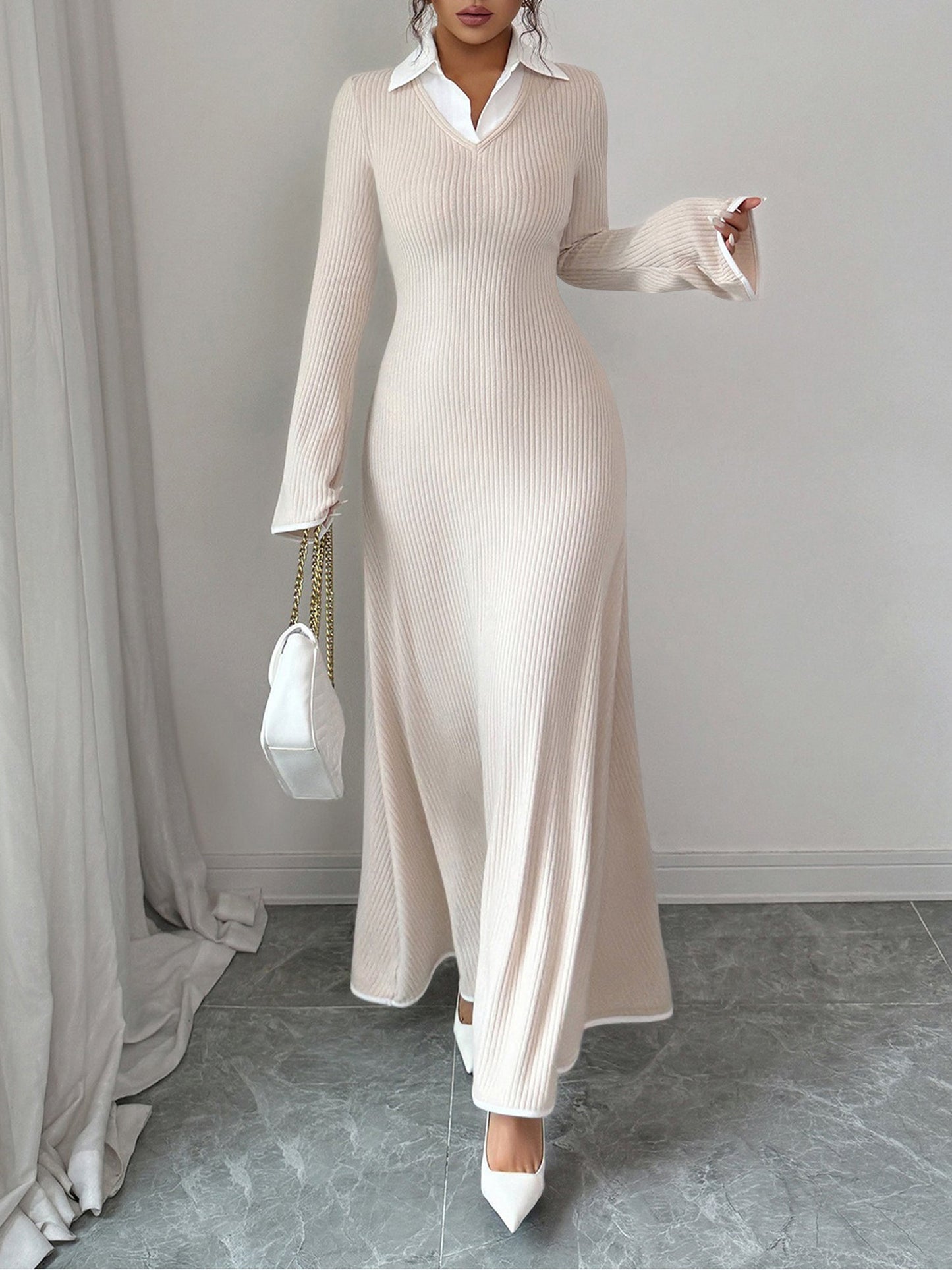Shirt Collar Knitted Long Sleeve Maxi Sweater Dress