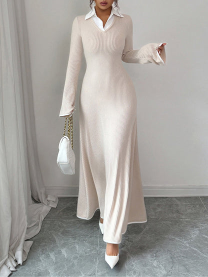 Shirt Collar Knitted Long Sleeve Maxi Sweater Dress