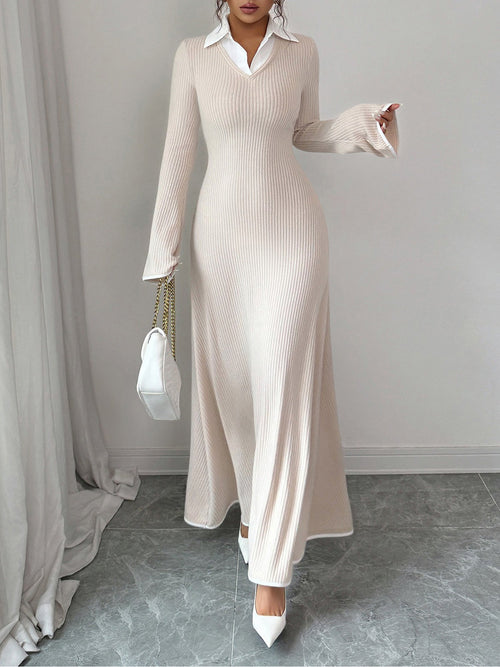 Shirt Collar Knitted Long Sleeve Maxi Sweater Dress