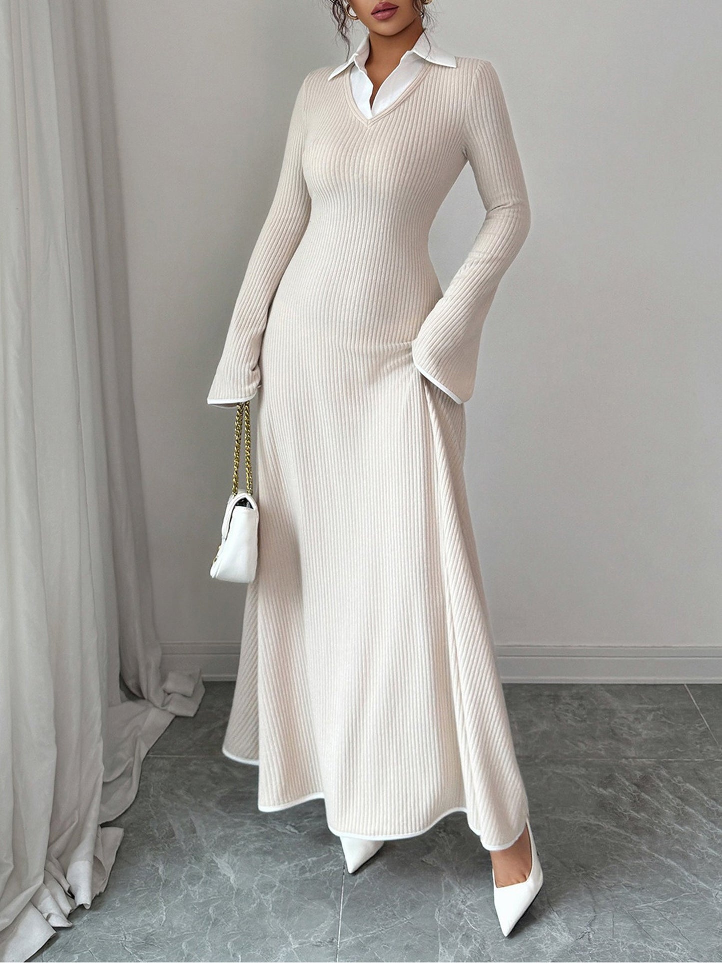 Shirt Collar Knitted Long Sleeve Maxi Sweater Dress