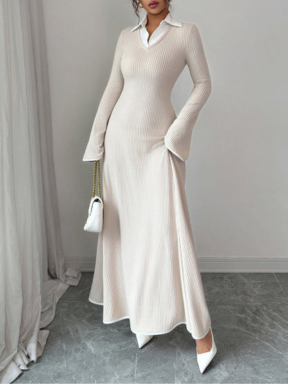 Shirt Collar Knitted Long Sleeve Maxi Sweater Dress
