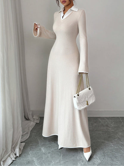 Shirt Collar Knitted Long Sleeve Maxi Sweater Dress