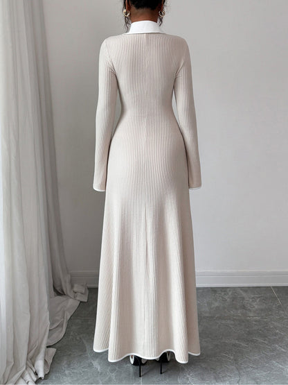 Shirt Collar Knitted Long Sleeve Maxi Sweater Dress