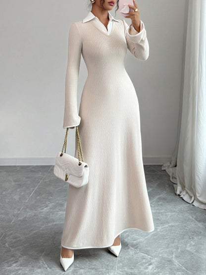 Shirt Collar Knitted Long Sleeve Maxi Sweater Dress