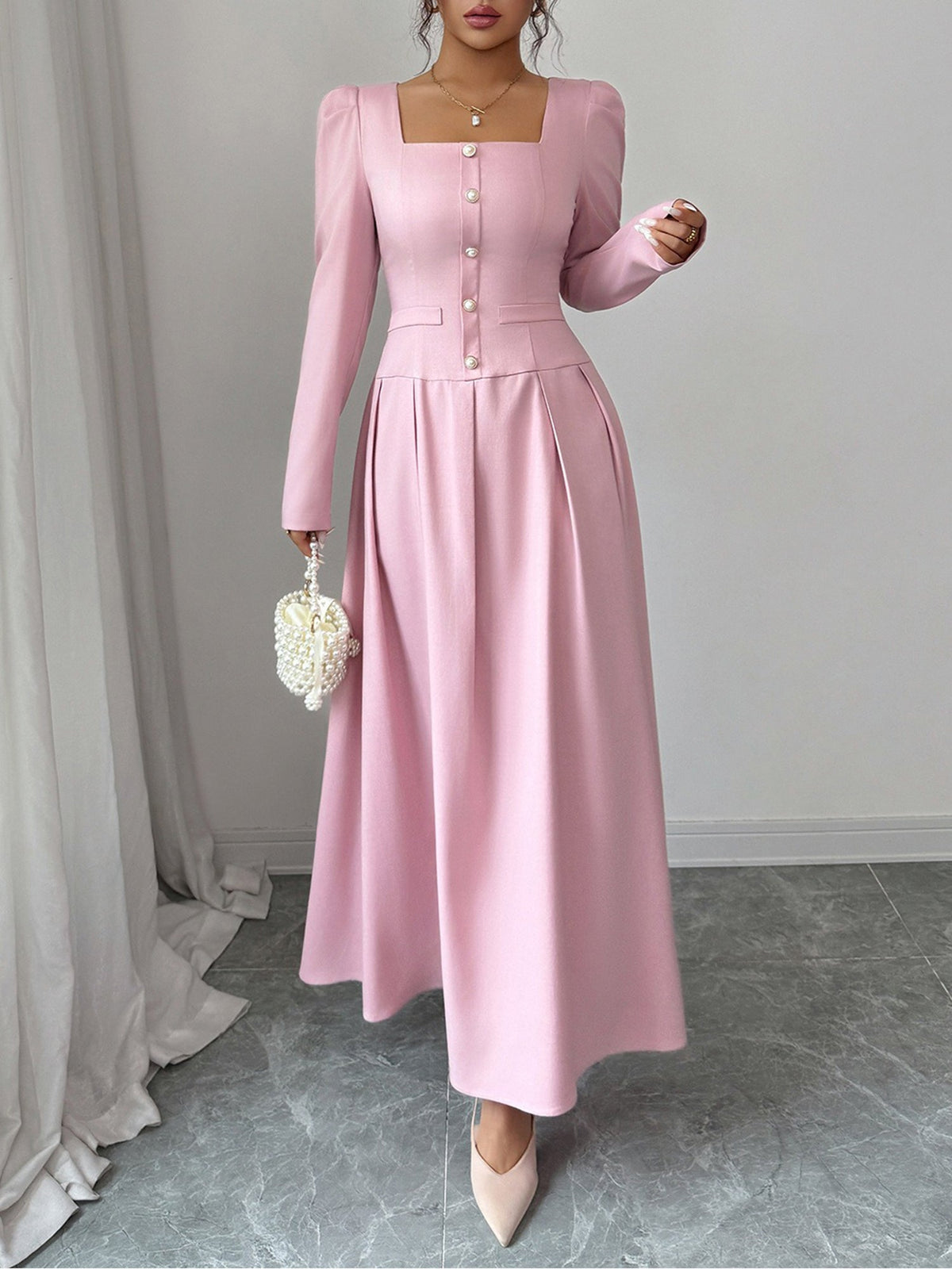 Square Neck Puff Sleeves Pleated A-Line Maxi Dress