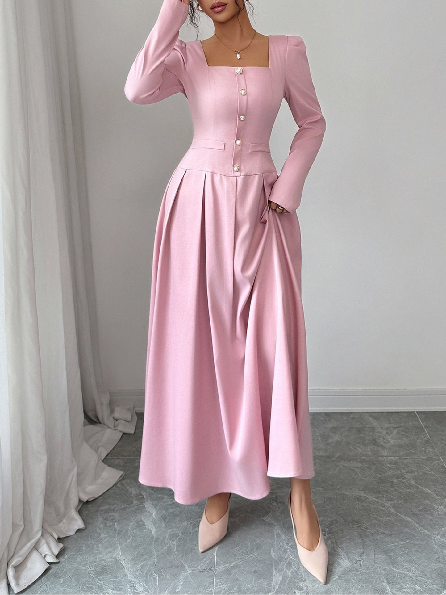 Square Neck Puff Sleeves Pleated A-Line Maxi Dress
