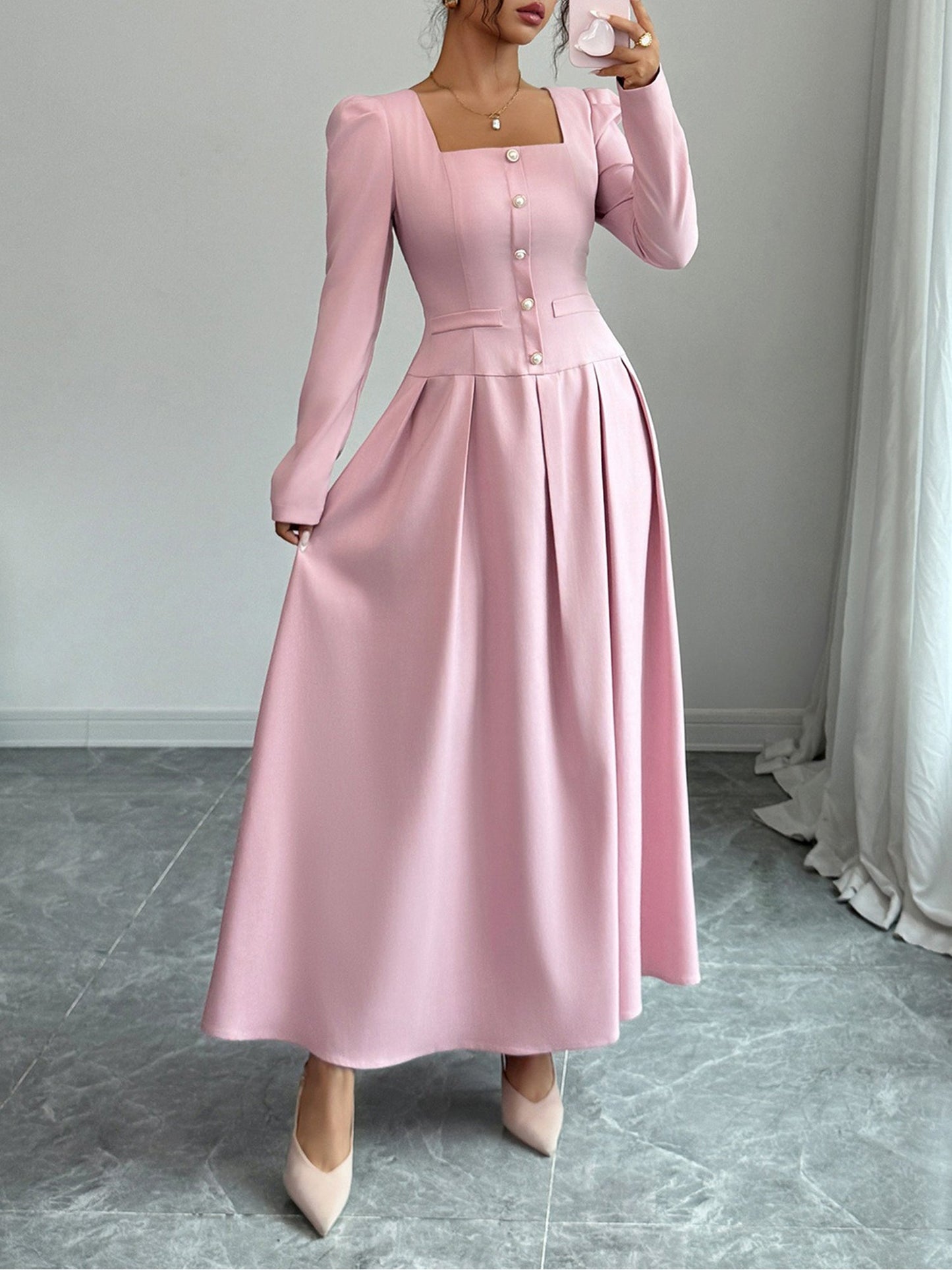 Square Neck Puff Sleeves Pleated A-Line Maxi Dress