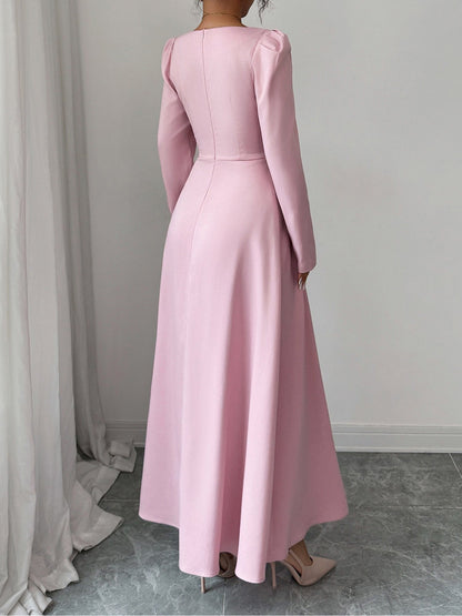 Square Neck Puff Sleeves Pleated A-Line Maxi Dress