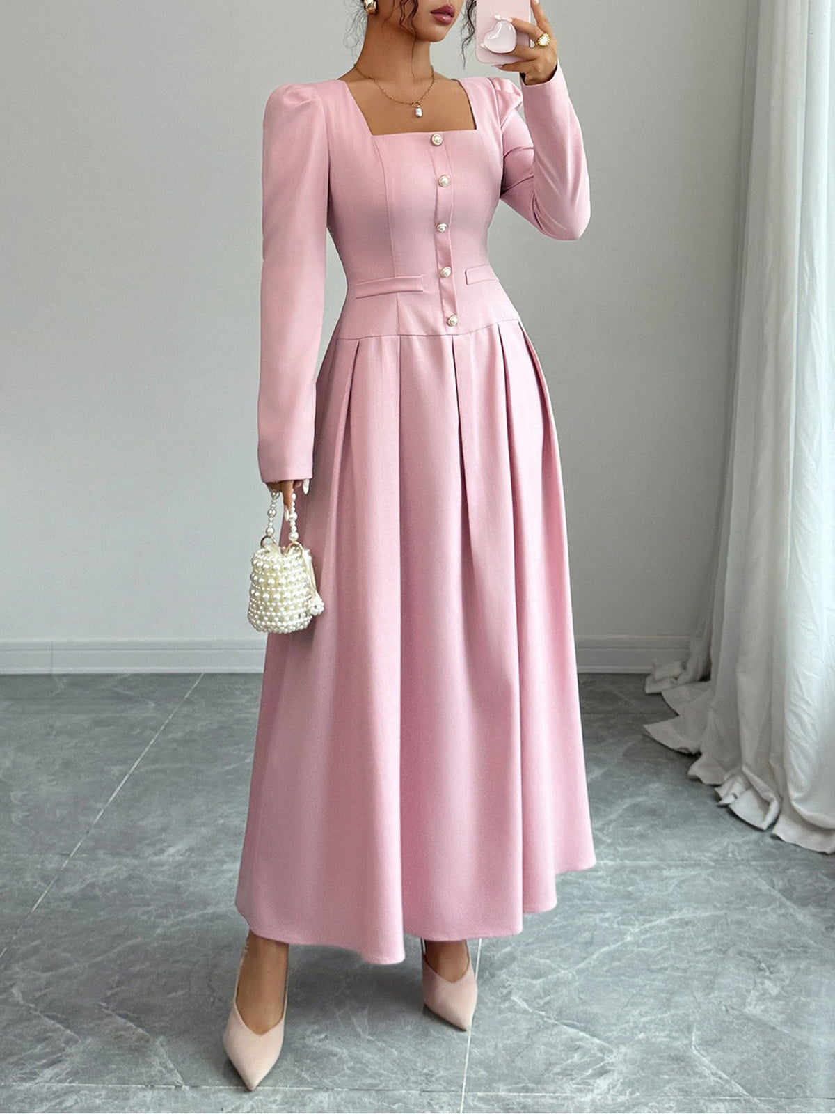 Square Neck Puff Sleeves Pleated A-Line Maxi Dress