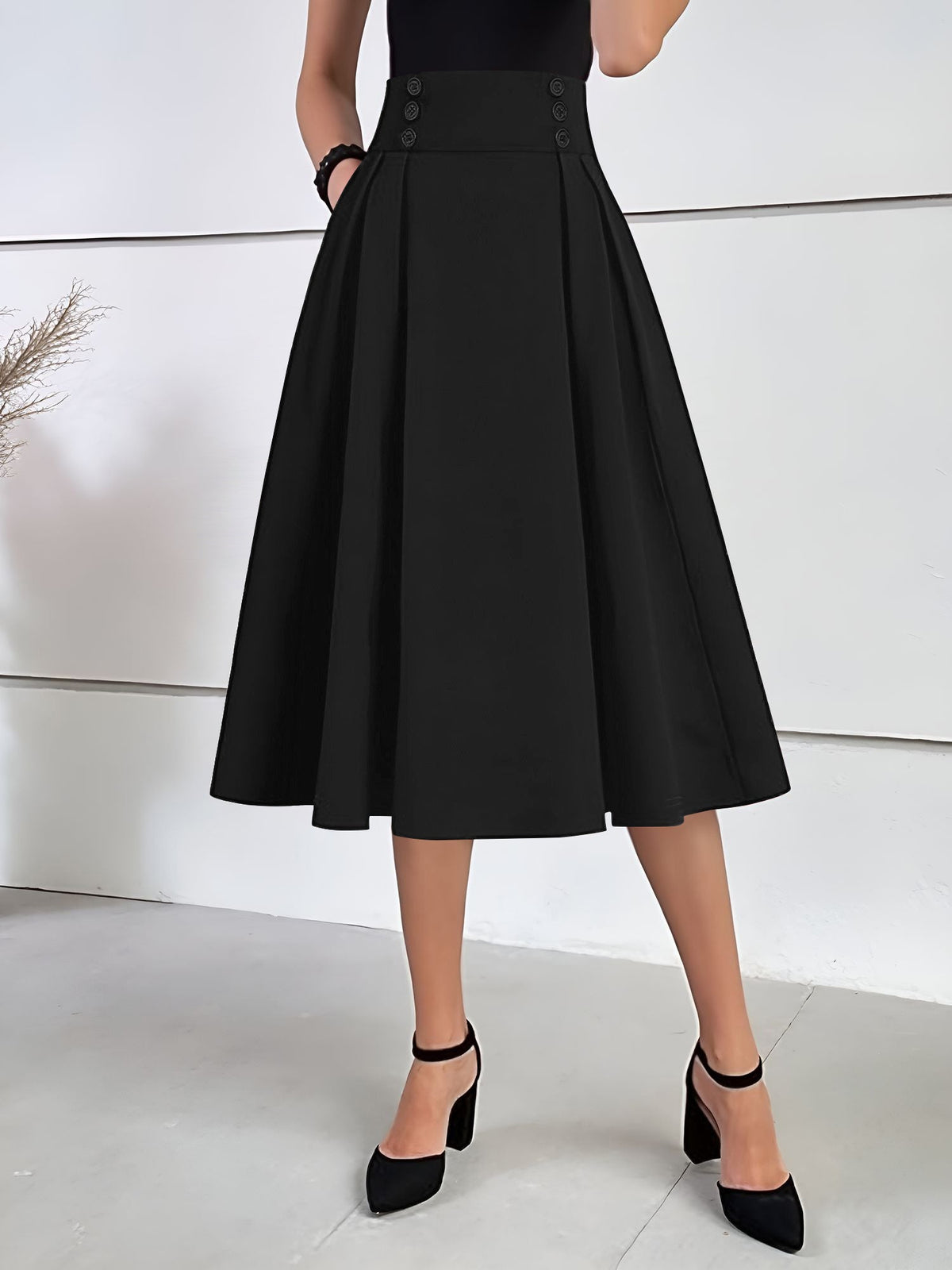 Solid Color Pleated Elastic Waist Pocketed A-Line Midi Skirt