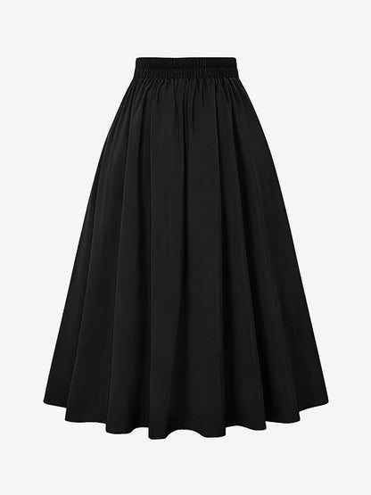 Solid Color Pleated Elastic Waist Pocketed A-Line Midi Skirt